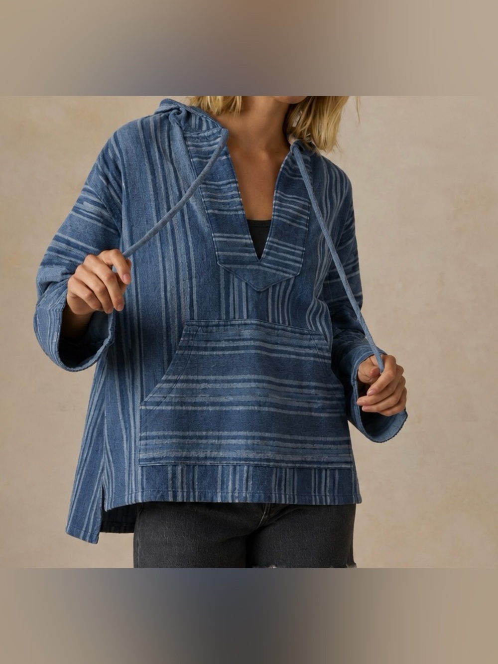 Faherty Cotton Blue Striped Hooded Kangaroo Pocket Pullover - Size L